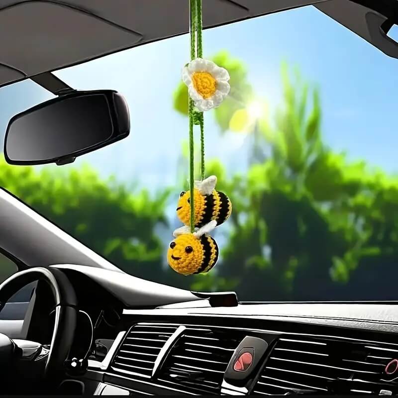 Handmade Crochet Bee Car Mirror Hanging – Cute Rearview Accessory by Marsa for Car Decor & Gifts