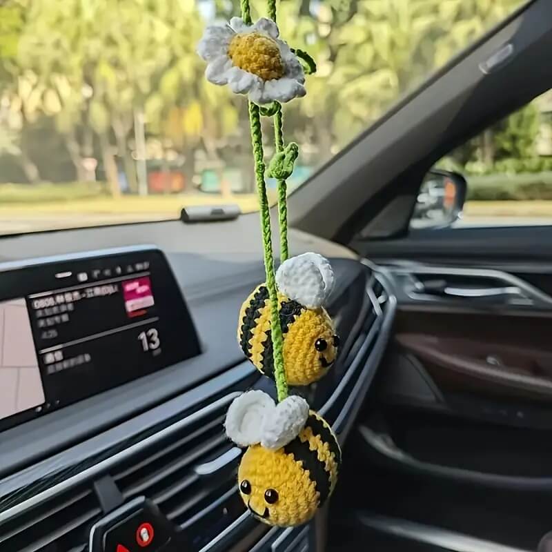 Handmade Crochet Bee Car Mirror Hanging – Cute Rearview Accessory by Marsa for Car Decor & Gifts