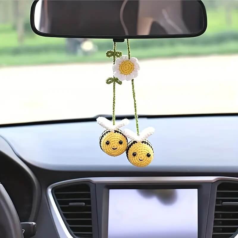 Handmade Crochet Bee Car Mirror Hanging – Cute Rearview Accessory by Marsa for Car Decor & Gifts